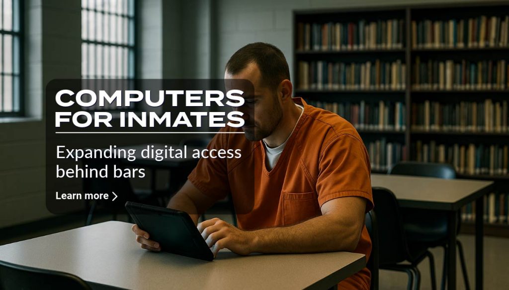 Inmate in a correctional facility library using a secure prison-issued tablet with glowing screen, symbolizing digital access and rehabilitation.