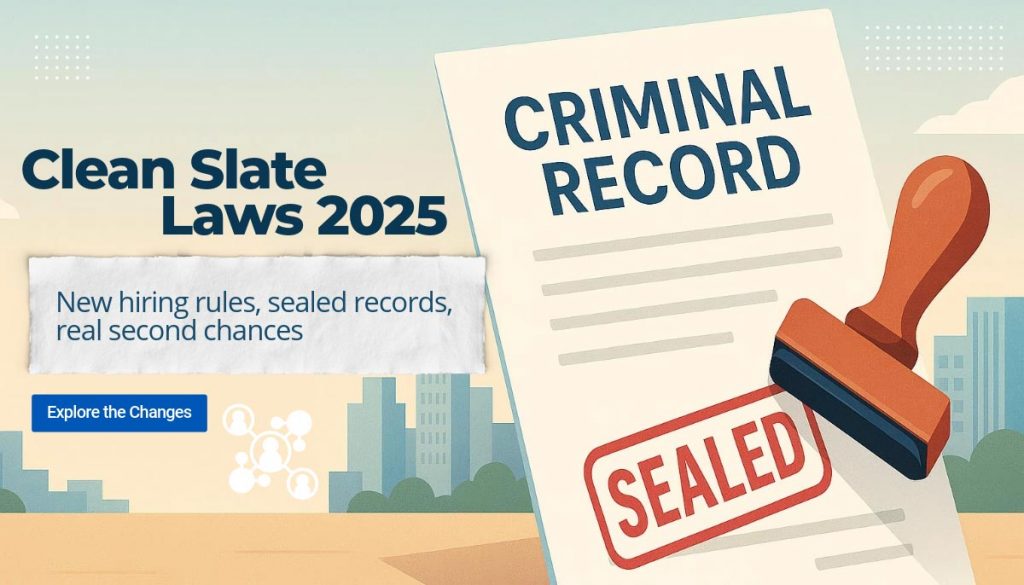 Clean Slate Laws 2025 banner with text: New hiring rules, sealed records, real second chances