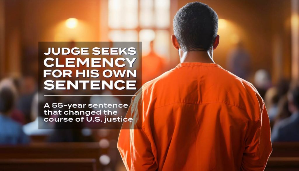 Portrait of a federal judge with bold text overlay: Judge Seeks Clemency for His Own Sentence – A 55-year sentence that changed U.S. justice.