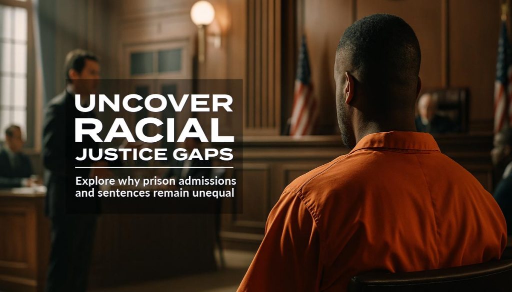 Banner titled 'Uncover Racial Justice Gaps' with a supporting line 'Explore why prison admissions and sentences remain unequal' set against a somber courthouse background.