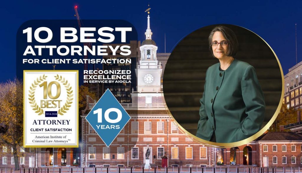 Image of an award recognizing NiaLena Caravasos as one of the 10 Best Criminal Defense Attorneys in Pennsylvania for client satisfaction in 2024, awarded by AIOCLA