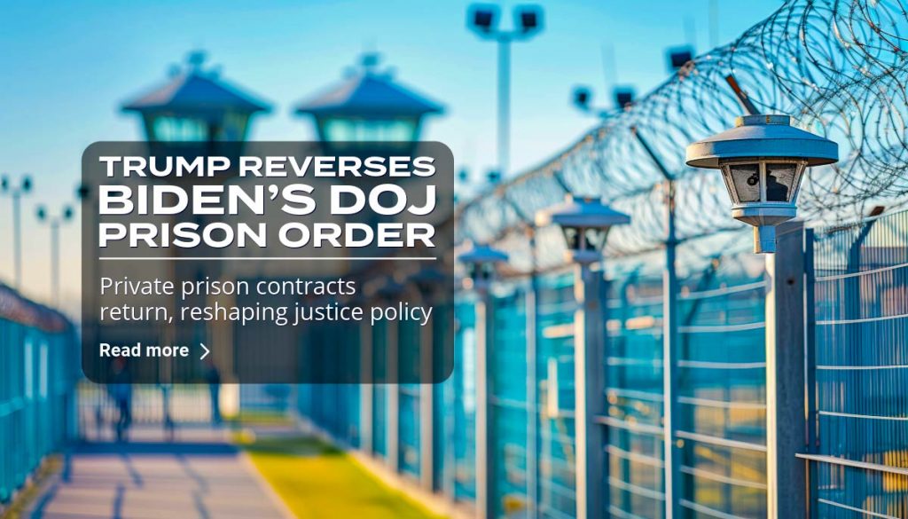 Banner reading: Trump Reverses Biden’s DOJ Prison Order – Private prison contracts return, reshaping justice policy.