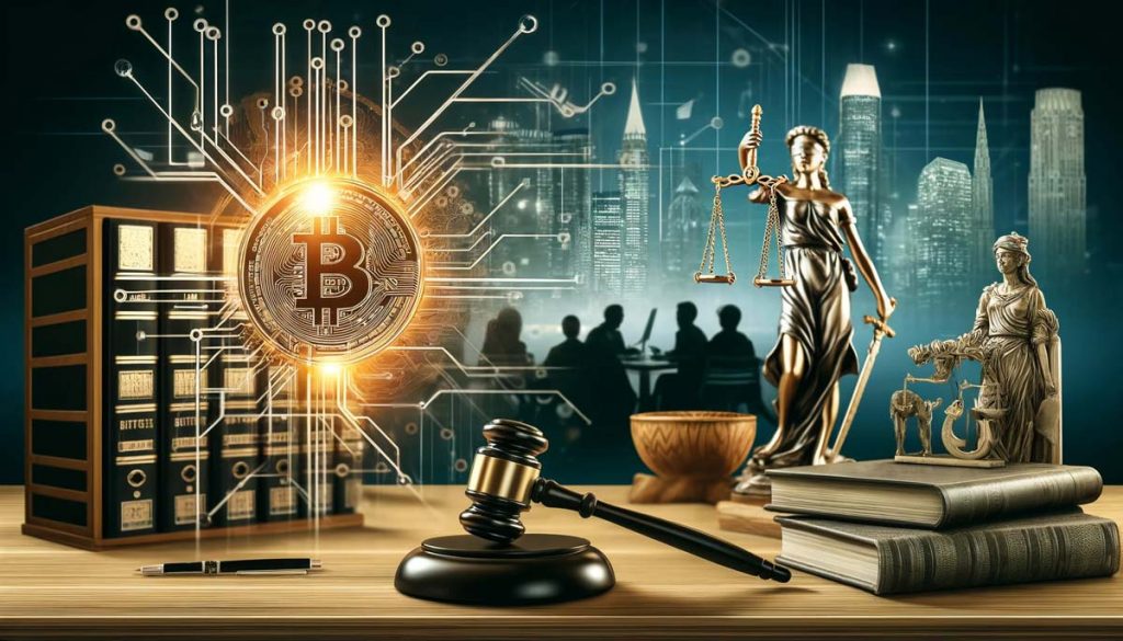 Image showing Bitcoin symbols and legal icons like a gavel and law books