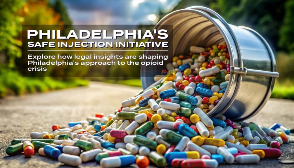 Panoramic view of an overflowing trash can filled with diverse pills and capsules, symbolizing the urgency of addressing the opioid crisis in Philadelphia.