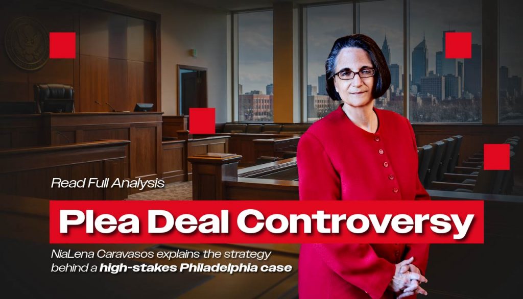 Plea Deal Controversy – NiaLena Caravasos explains the strategy behind a high-stakes Philadelphia case in a modern courtroom setting with city skyline