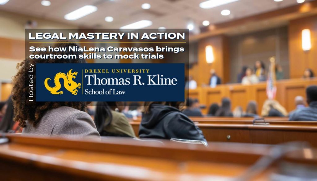 Banner featuring the title 'Legal Mastery in Action' with a description highlighting NiaLena Caravasos's influence in teaching courtroom skills through mock trials