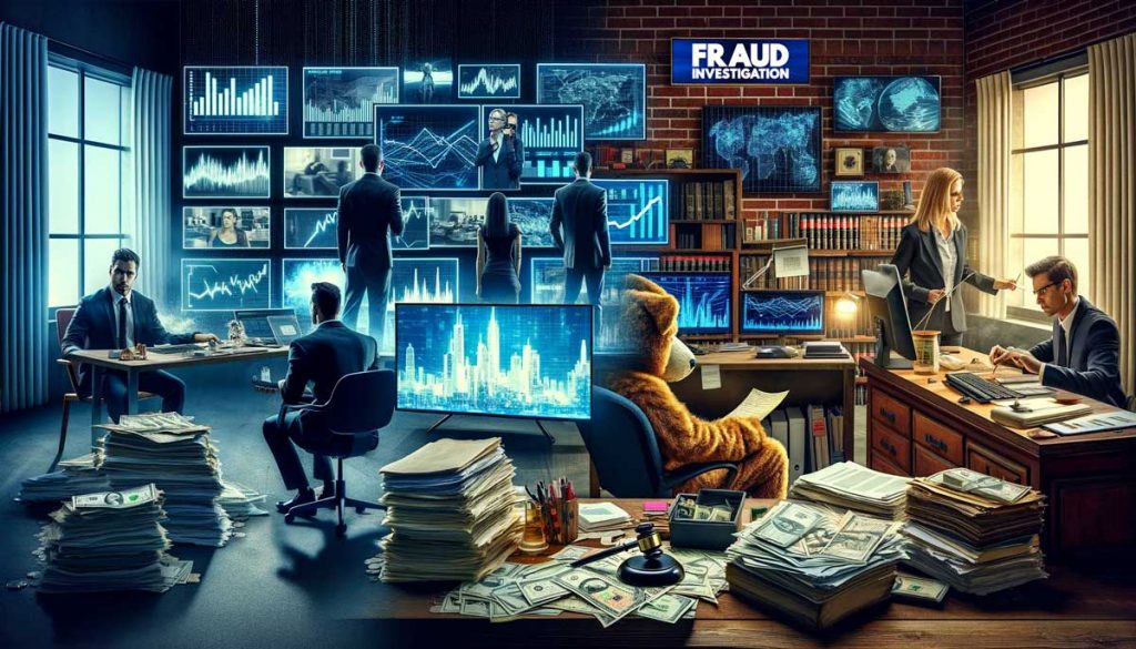 Split image showing contrast between TV and real-life fraud investigation. On the left, a dramatized TV scene with sleek, high-tech fraud investigation setup. On the right, a realistic setting with a forensic accountant and a federal criminal defense attorney analyzing piles of documents and legal books in an office.