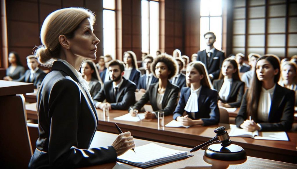 Distinguished female attorney judging a national mock trial competition in a courtroom filled with law students presenting their cases.