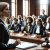 Distinguished female attorney judging a national mock trial competition in a courtroom filled with law students presenting their cases.