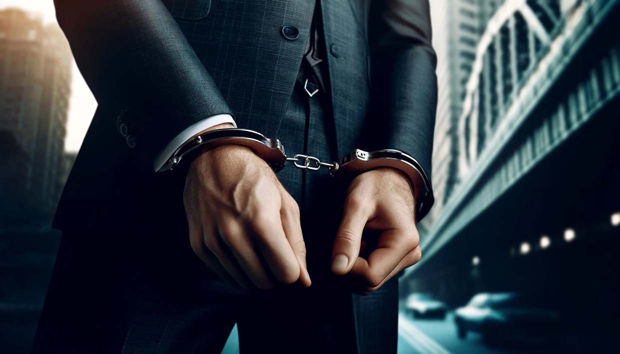 Close-up of a handcuffed man in a suit, symbolizing white-collar crime, with a blurred urban background representing Philadelphia.