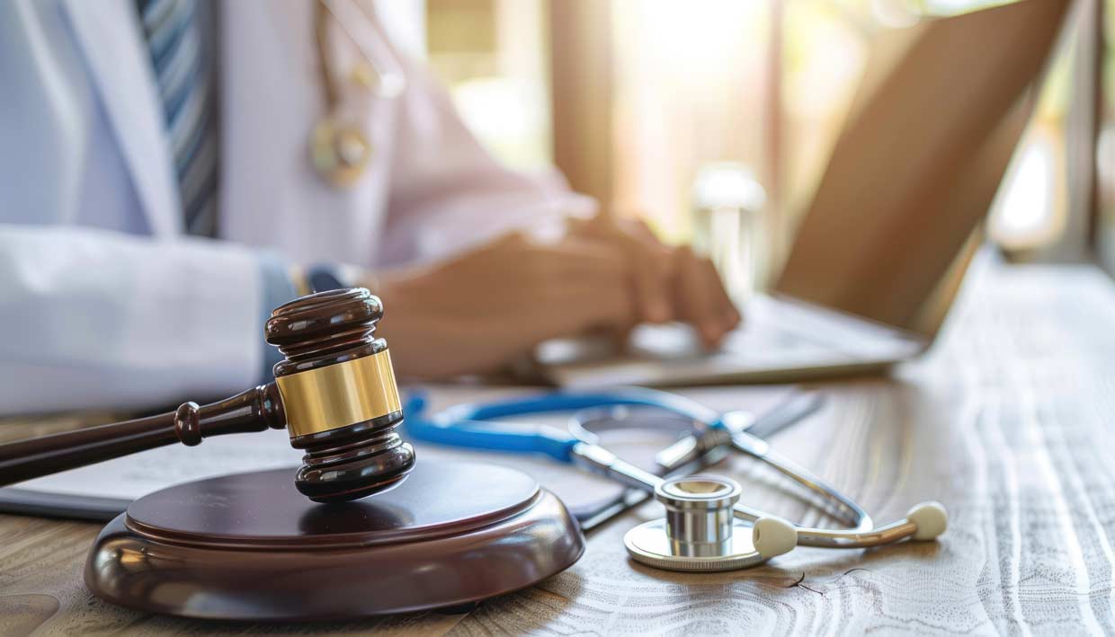 Legal Consultation for Healthcare Professionals | Law Office of NiaLena Caravasos Male doctor consulting with a lawyer on a laptop about defense strategies in medical law and healthcare professional crimes