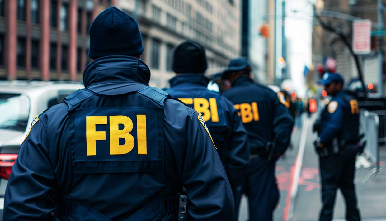 FBI agents walking on a city street to conduct a raid and arrest a young man suspected of terrorism