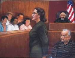 NiaLena Caravasos in Court: Closing Arguments at the Merlino/Gambino Mob Trial Courtroom sketch of NiaLena Caravasos delivering closing arguments during the Merlino/Gambino mob trial