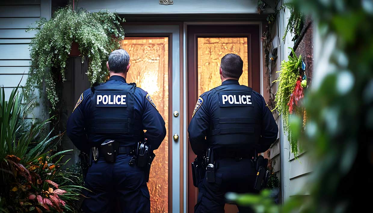 Two police officers standing at a door during a raid on drug trafficking and firearms charges in Philadelphia