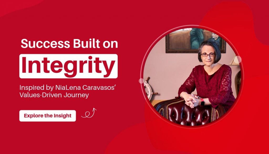 Banner reading “Success Built on Integrity – Inspired by NiaLena Caravasos’ Values-Driven Journey” with a professional background symbolizing ethical leadership.