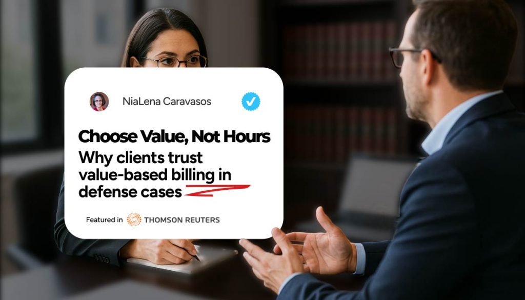 Choose Value, Not Hours – See why clients trust value-based billing in defense cases. Professional attorney consulting with a client in a modern office.