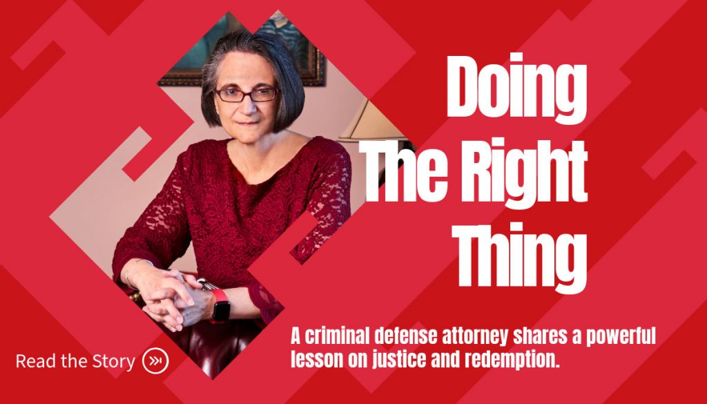 Website banner reading “Doing the Right Thing” with the description “A criminal defense attorney shares a powerful lesson on justice and redemption.”