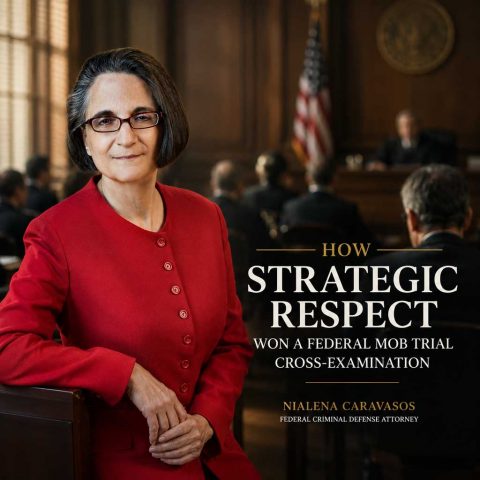 How Strategic Respect Won a Federal Mob Trial Cross-Examination NiaLena Caravasos in a federal courtroom setting highlighting strategic cross-examination during a high-profile mob trial