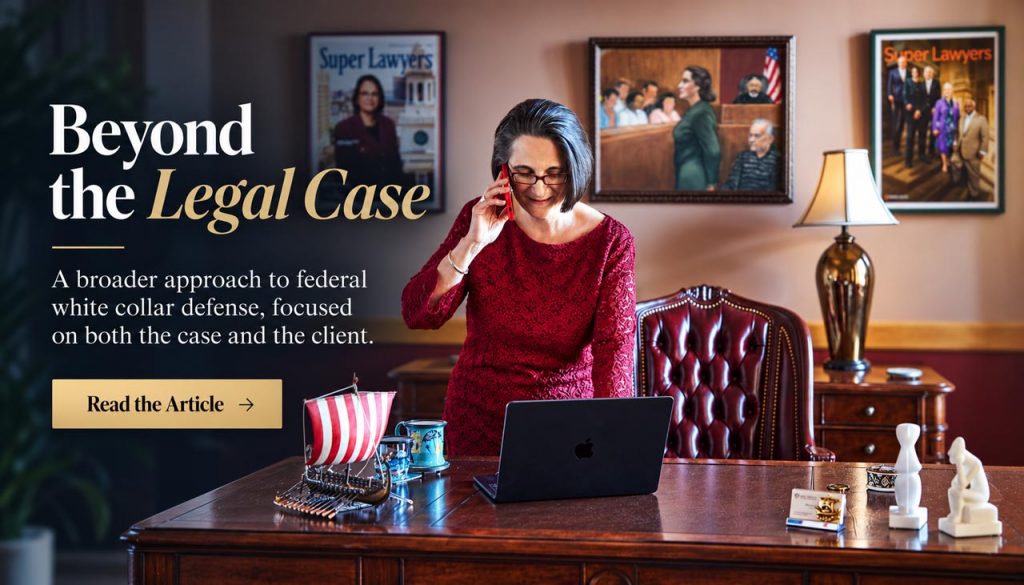 NiaLena Caravasos discussing federal white collar defense in her office with Super Lawyers features displayed behind her.